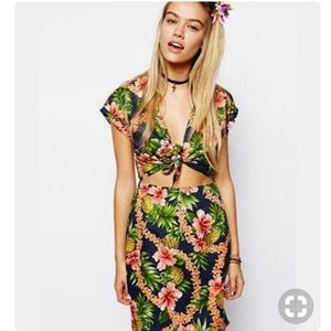 Tropical Print Tie-Front Dress with Cut-Out